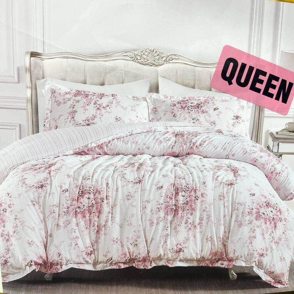 NEW Shabby Chic 3 Piece Cotton Comforter Set -Pink White Floral, Queen Size